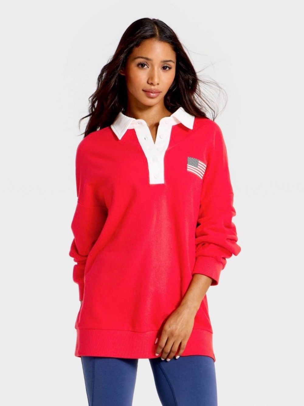 NWT JoyLab Women's Americana French Terry Polo Sweatshirt Red USA Flag M, XL